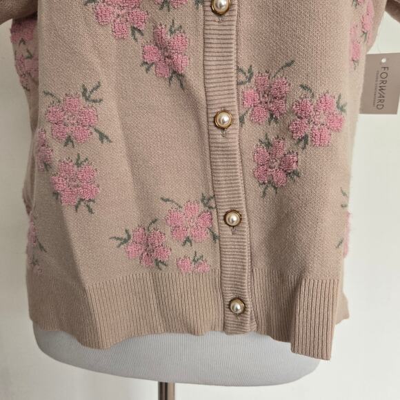 New Cottage Floral Cardigan Puff Sleeve Feminine Pink Pearl Button Women XL - Picture 6 of 12
